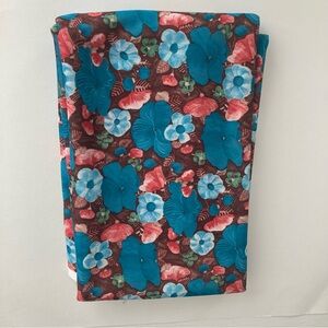 Floral Fiber Art Fabric in Blue Brown Dark Red Heavy Vintage tones Retro Vibe